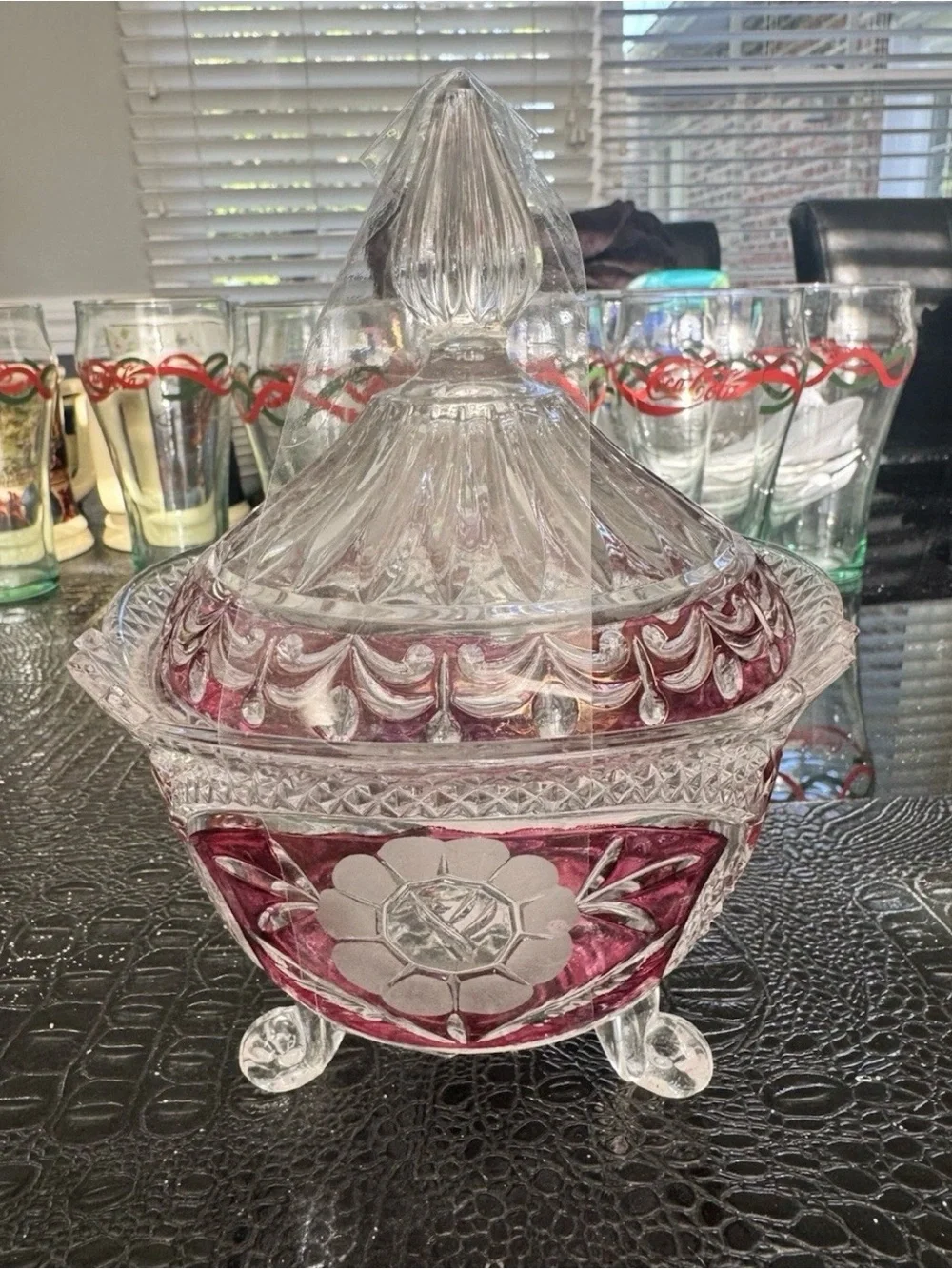 Cut Crystal Covered Candy Dish with Ruby Red Accents